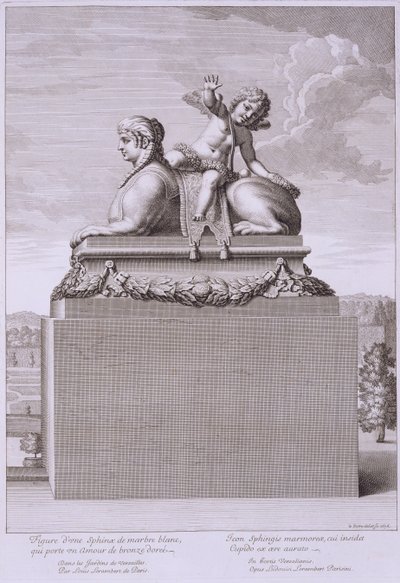 Figure of a sphinx in white marble, carrying a bronze Cupid, at Versailles, from 
